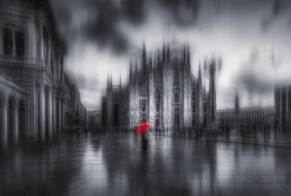 Red Umbrella Milan Duomo by Rana Jabeen — canvas wall art