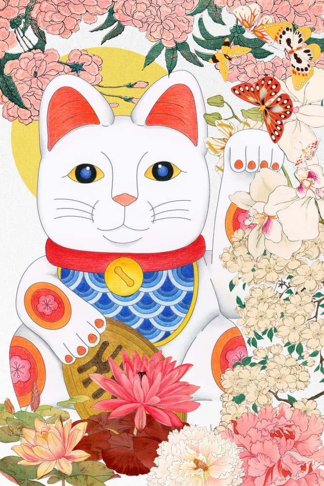 Lucky Cat Floral Fortune by Marja van den Hurk — canvas wall art