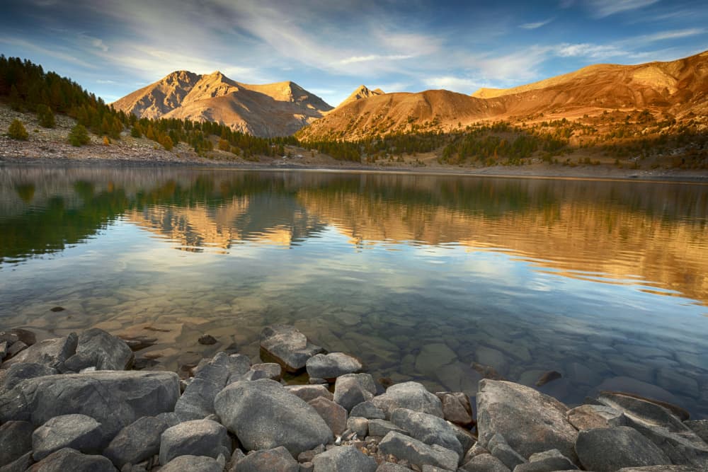 Golden Mountain Lake Reflection by Paolo Bolla — canvas wall art