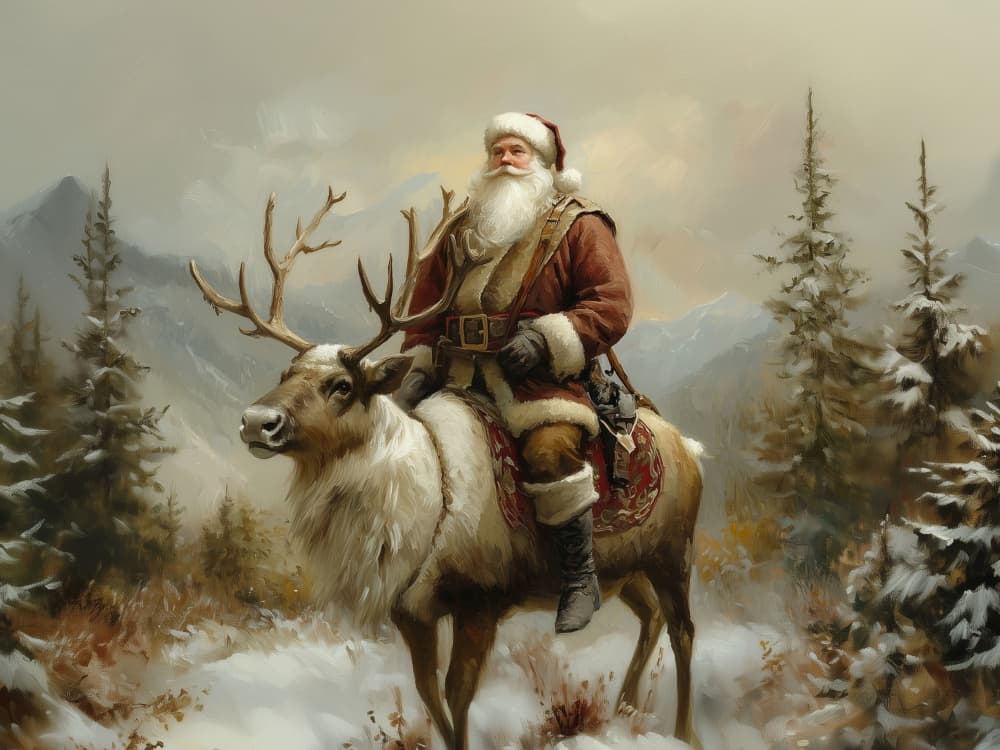 Santa's Snowy Trek by Jolly and Dash — canvas wall art