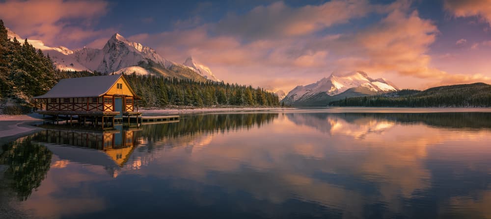 Serene Mountain Boathouse by David Martin Castan — canvas wall art