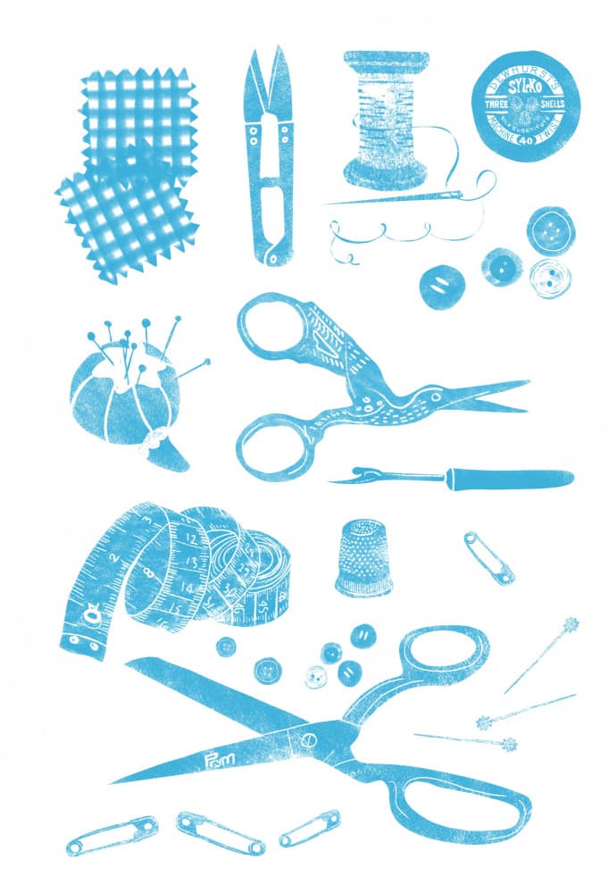 Blue Sewing Essentials by Charlotte Trudgett — canvas wall art