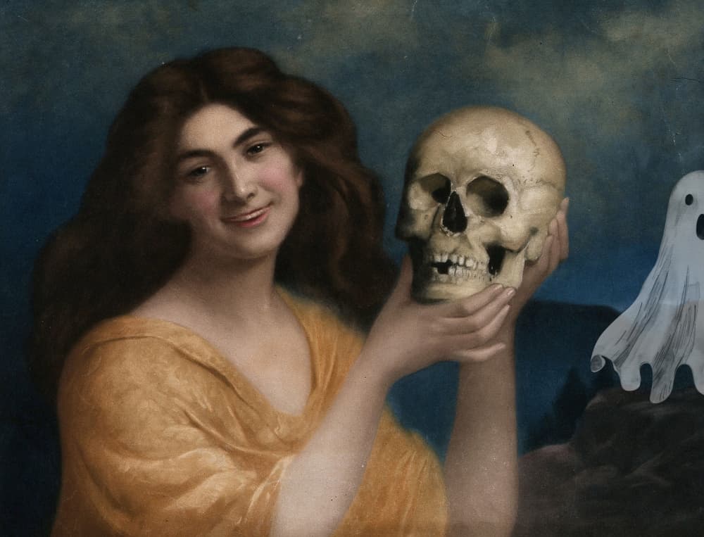 Smiling Woman Holding Skull by The Art Concept — canvas wall art