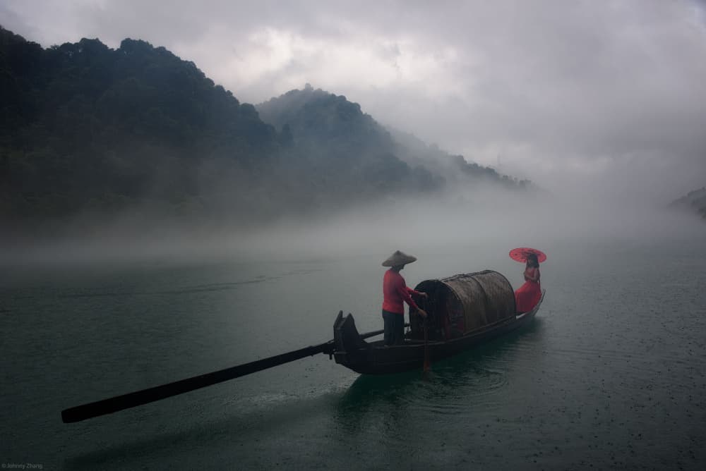 Traditional Boat Misty Lake by Johnny Zhang — canvas wall art