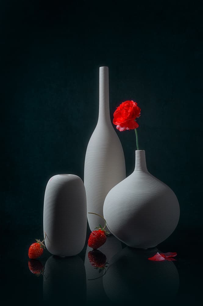 Red Poppy and White Vases by Lydia Jacobs — canvas wall art