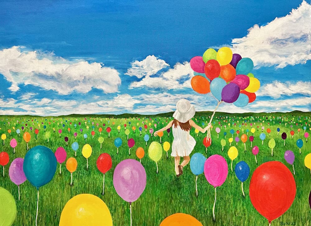 Joyful Girl Balloon Field by Tom Blood — canvas wall art