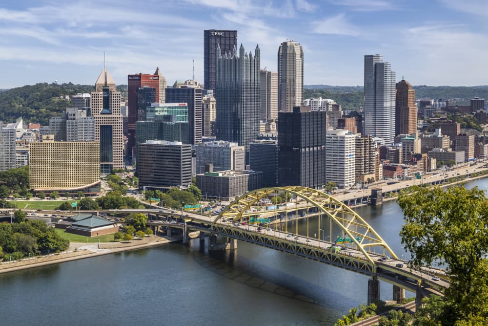 Pittsburgh Skyline Golden Bridge by Melanie Viola — canvas wall art