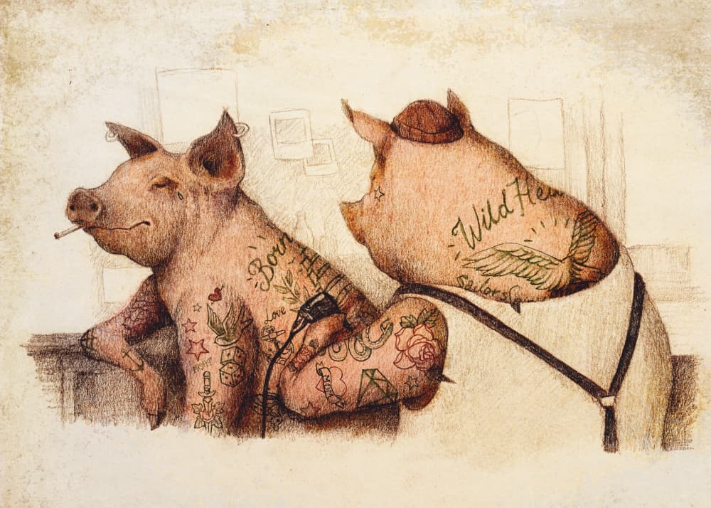 Tattooed Pigs In A Vintage Style by Mike Koubou — canvas wall art