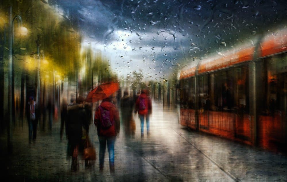 Rainy City Commute by Charlaine Gerber — canvas wall art
