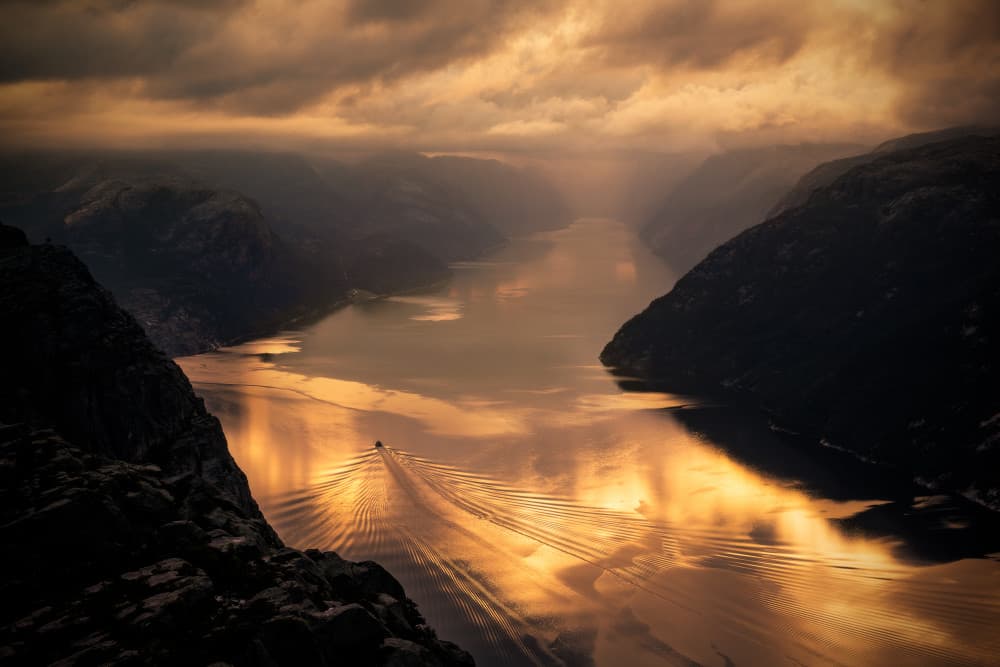Golden Fjord Voyage by Krzysztof Mierzejewski — canvas wall art