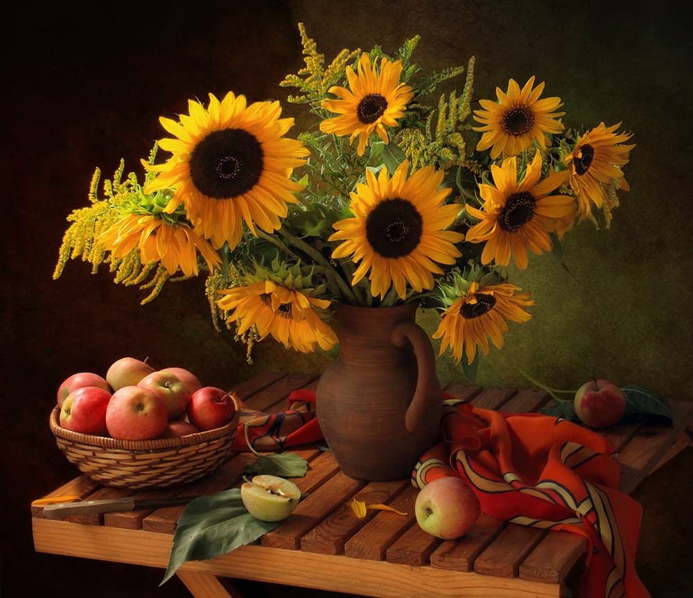 Autumn Sunflowers and Apples by Tatyana Skorokhod — canvas wall art