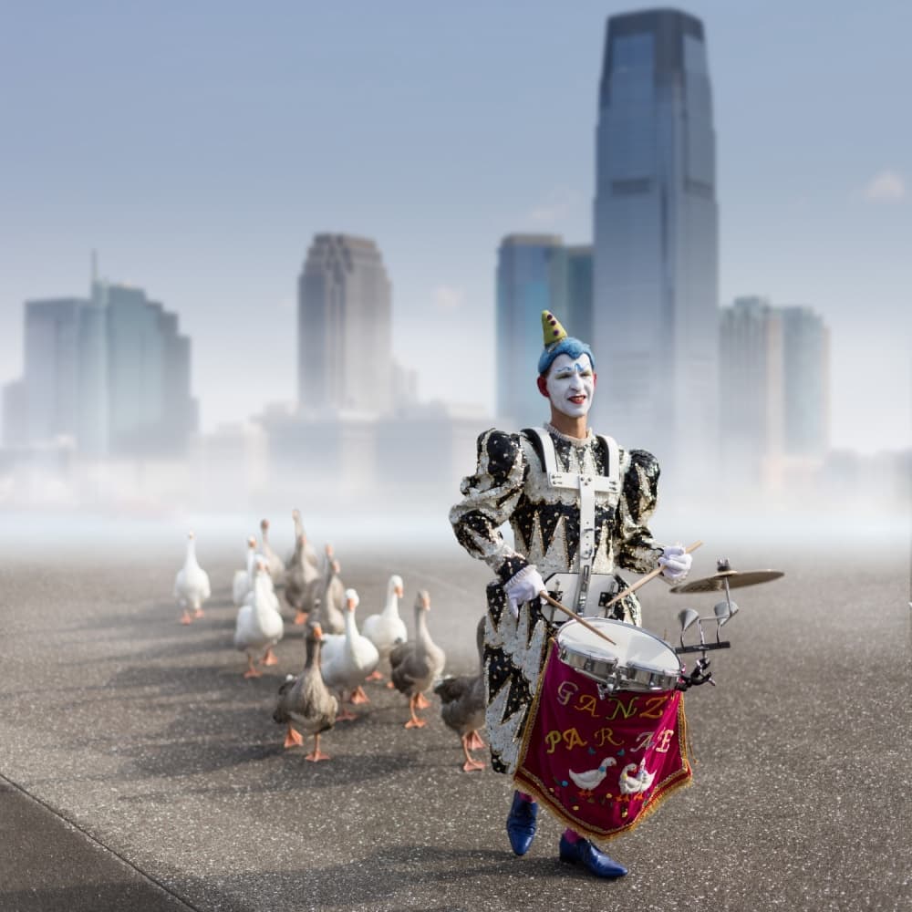 Clown Leads Geese Parade by Tom Baetsen - xlix.nl — canvas wall art
