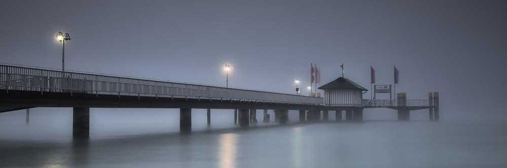 Misty Pier Glow by Judith Kuhn — canvas wall art