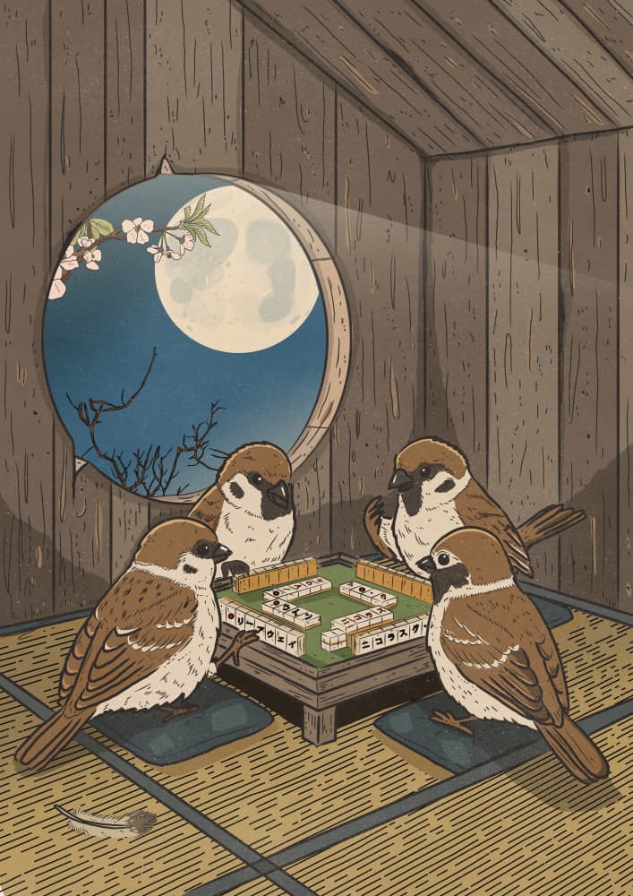 Japanese Sparrows Mahjong by Nicholas — canvas wall art