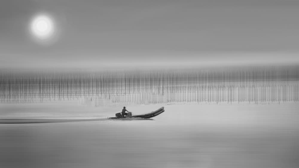 Solitary Boat On Misty Waters by MingLun Tsai (蔡明倫) — canvas wall art