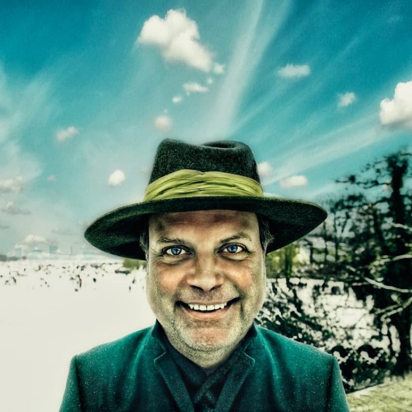 Smiling Man Winter Scene by ambra — canvas wall art