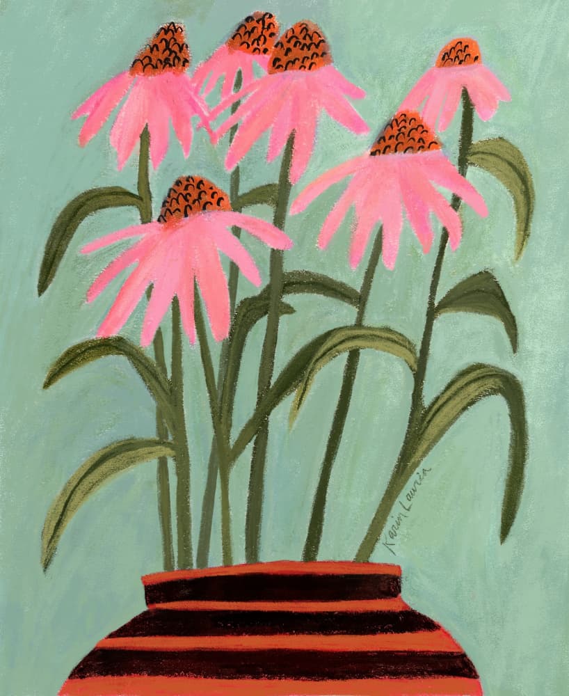 Pink Coneflowers in Vase by Karin Lauria — canvas wall art