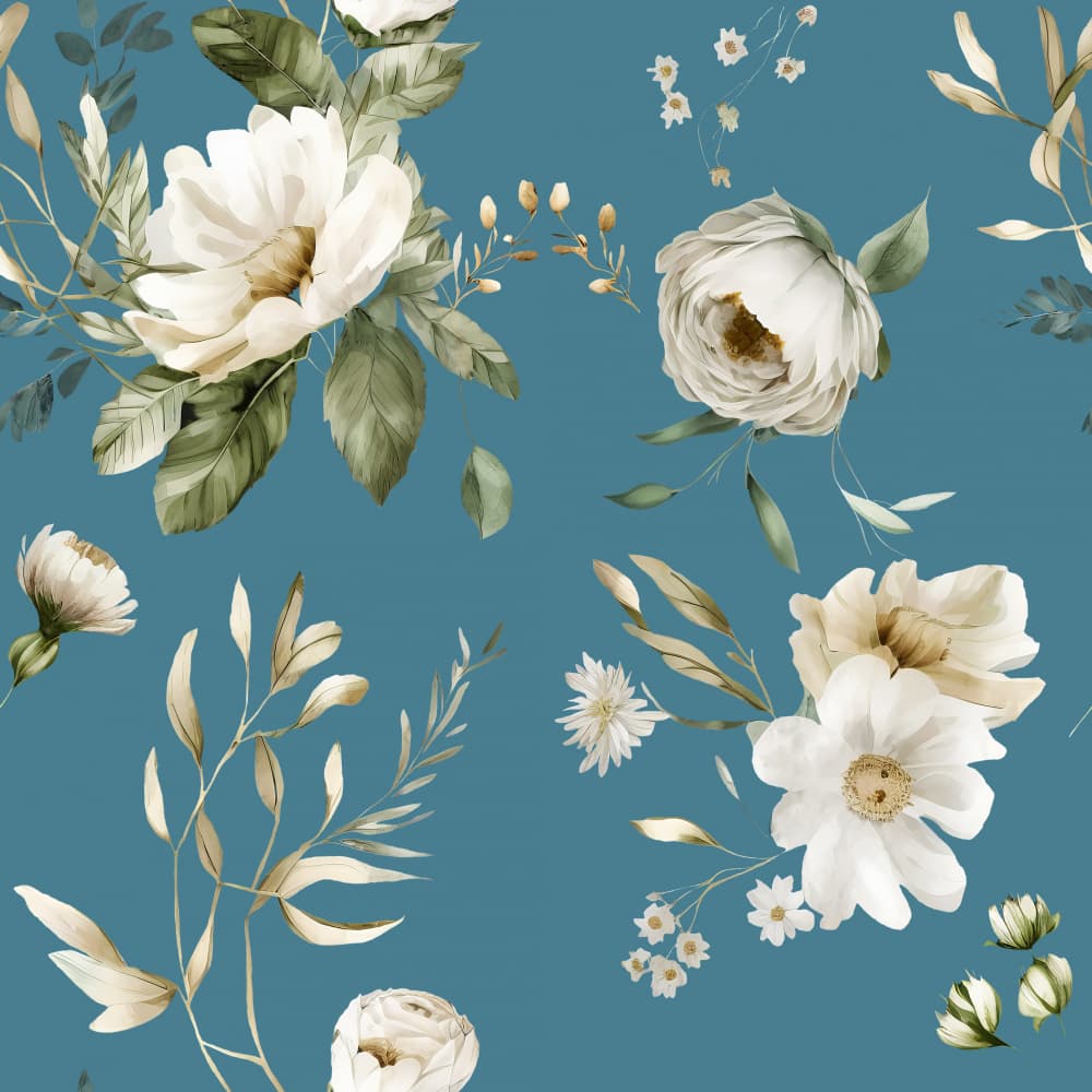 White Floral Teal Pattern by Bilge Paksoylu — canvas wall art