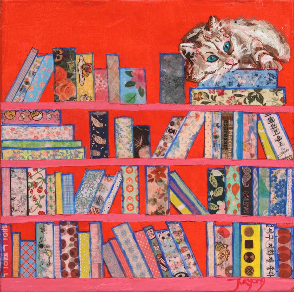 Cozy Cat Bookshelf by Jukyong Park — canvas wall art