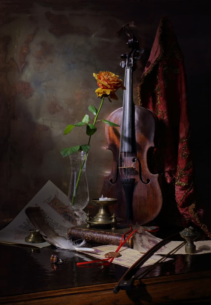 Vintage Violin and Rose by Andrey Morozov — canvas wall art