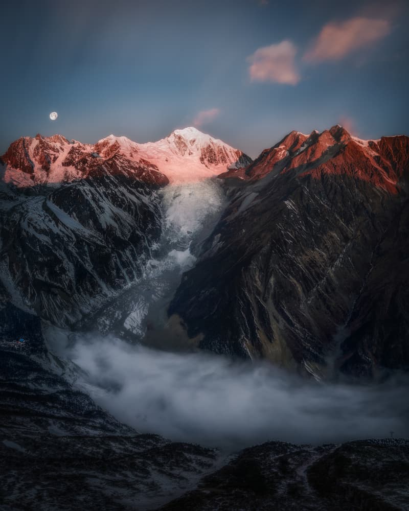Alpenglow Mountains Moon by YANGYING — canvas wall art