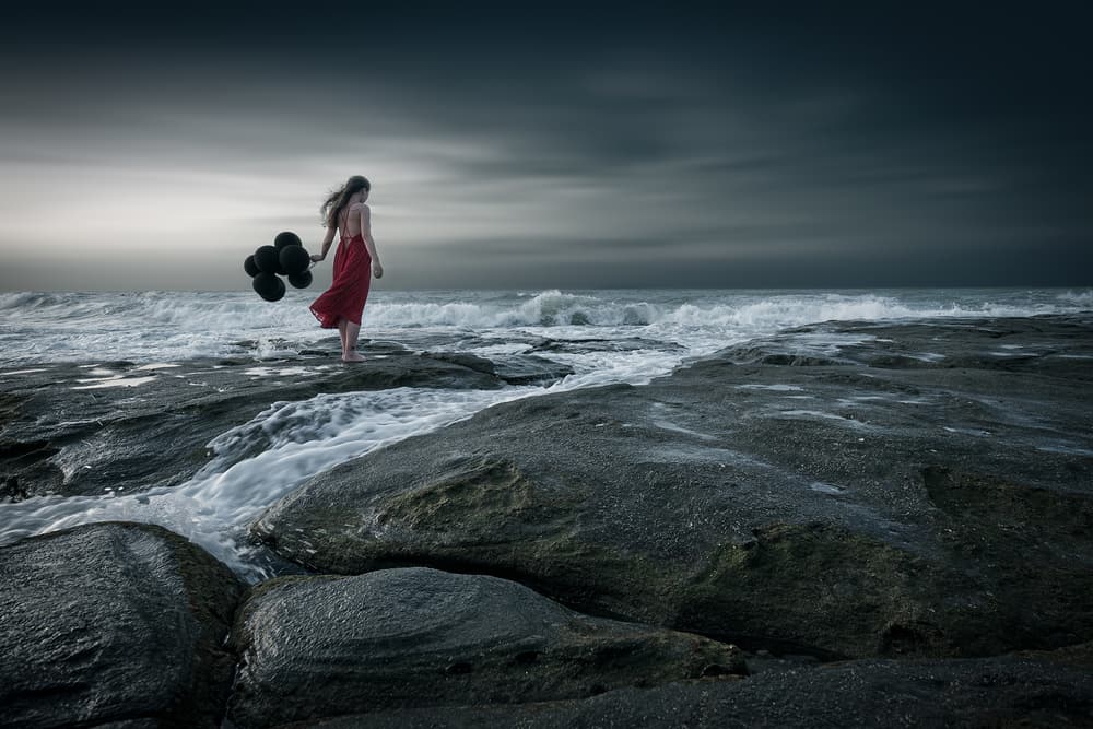 Red Dress Dark Sea by Bingo Z — canvas wall art