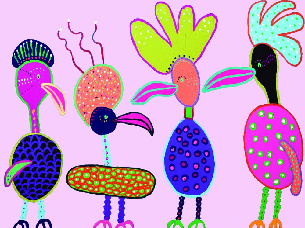 Colorful Whimsical Birds by Helen Joynson — canvas wall art