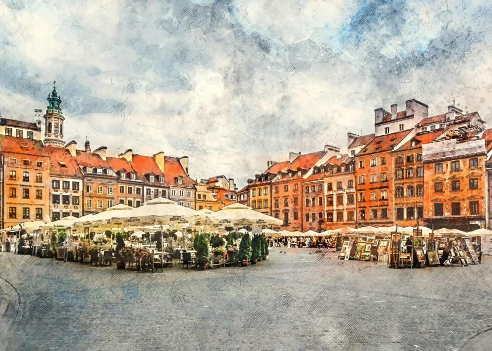 Warsaw City Watercolor Art Poland (26) by Justyna Jaszke — canvas wall art