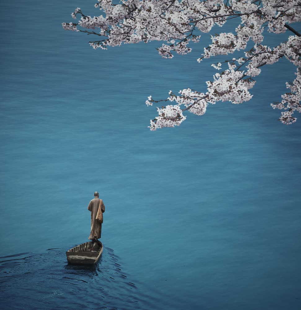 Peaceful Monk Boat Journey by hardibudi — canvas wall art