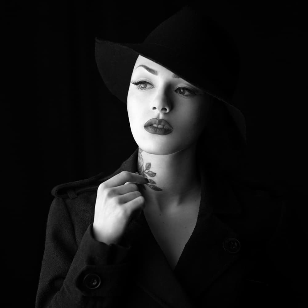 Elegant Black Hat Portrait by Bobby Kostadinov — canvas wall art