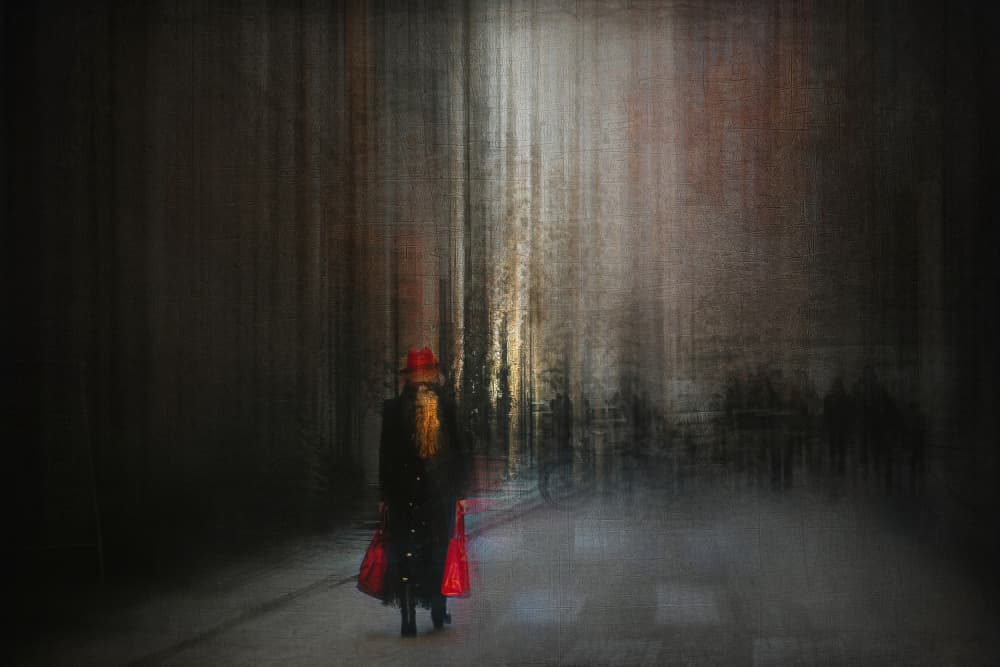 Woman Red Hat Street by Damijan Sedevcic — canvas wall art