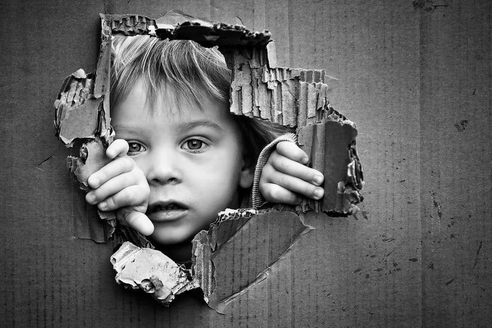 Child Peeking Through Cardboard by Tatyana Tomsickova — canvas wall art