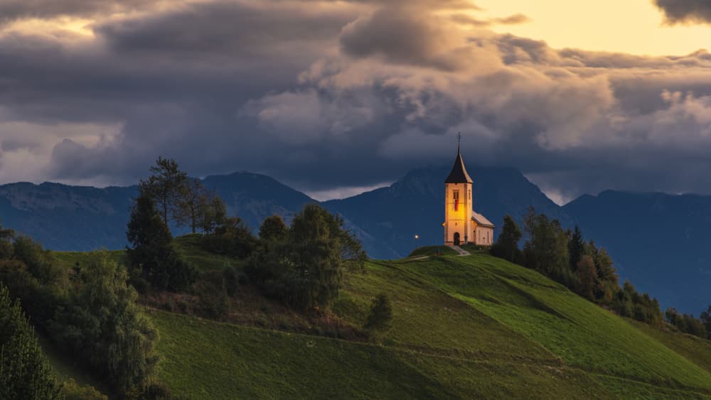 Illuminated Hilltop Church by Bor — canvas wall art