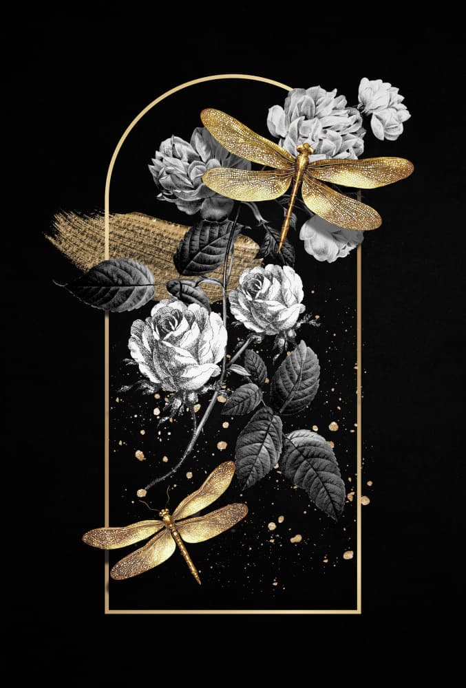 Gilded Dragonflies And Roses by Marja van den Hurk — canvas wall art