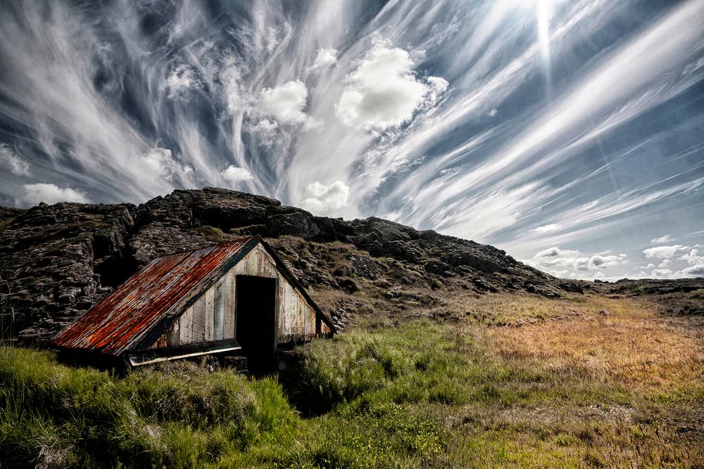 Rustic Cabin Dramatic Sky by Þorsteinn H. Ingibergsson — canvas wall art