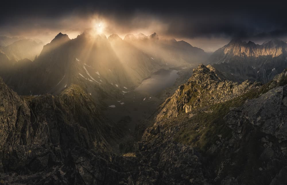 Golden Sun Rays Mountains by Karol Nienartowicz — canvas wall art
