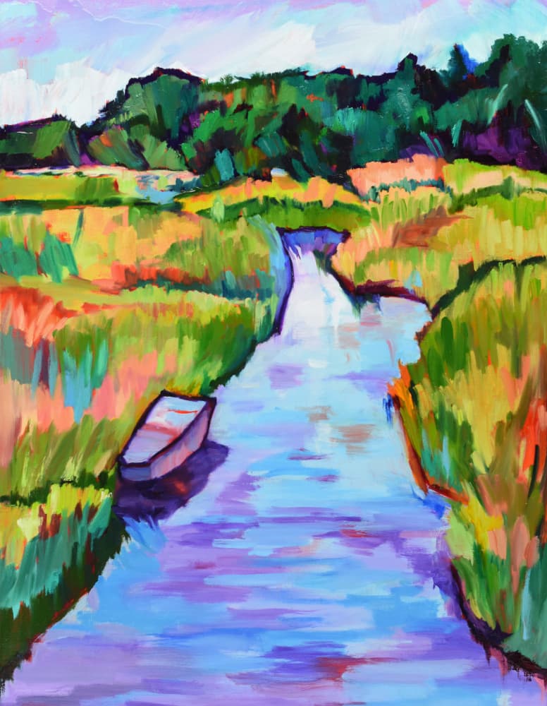 Colorful Marsh River Boat by Maxine Shore — canvas wall art