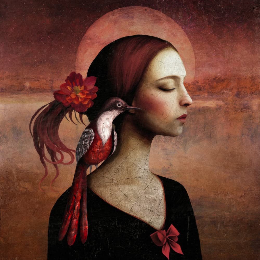 Serene Woman Red Bird by Marja van den Hurk — canvas wall art