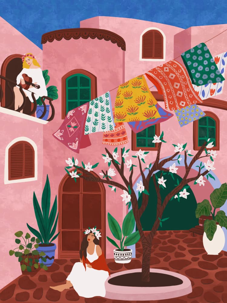 Pink Village Courtyard by Ceyda Alasar — canvas wall art