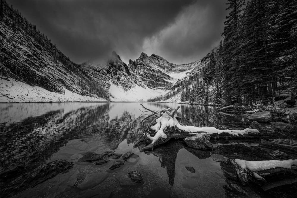 Winter Lake Mountain Reflections by Dennis Zhang — canvas wall art