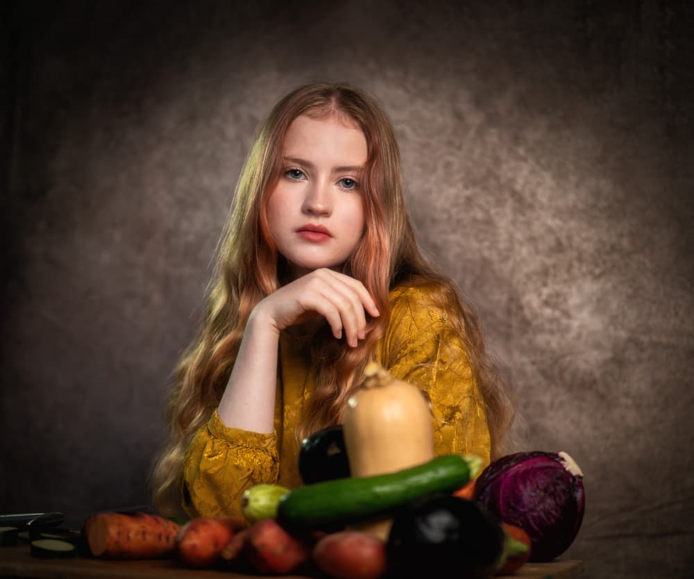 Pensive Girl and Produce by Svetlana Kirzh — canvas wall art