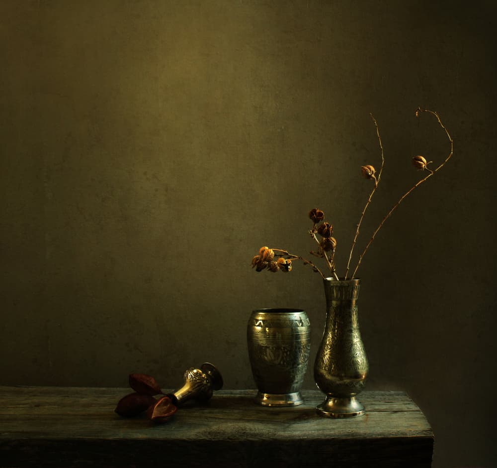 Moody Rustic Still Life by Margaret Halaby — canvas wall art