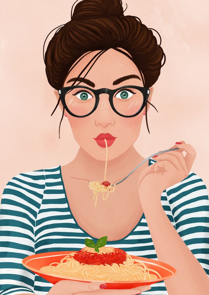 Girl Eating Pasta by Petra Holíková — canvas wall art