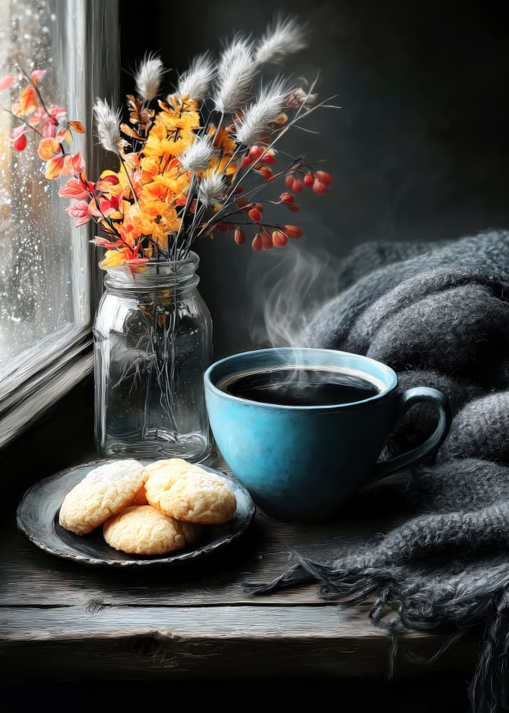 Rainy Day Coffee Comfort by Justyna Jaszke — canvas wall art
