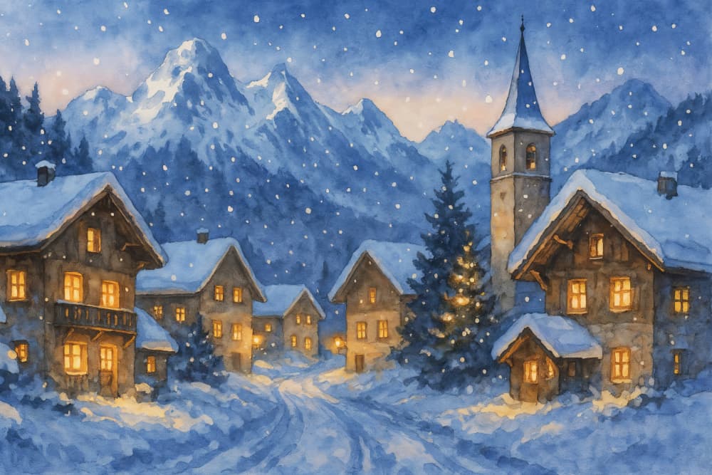 Cozy Snowy Village by Natalie Bruns — canvas wall art