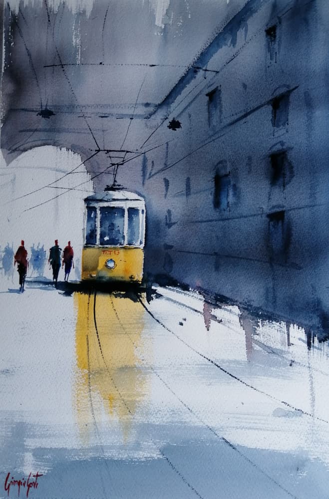 Yellow Tram City Rain by Giorgio Gosti — canvas wall art