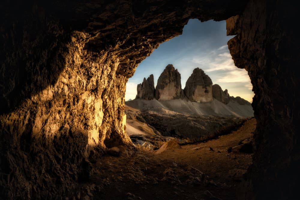 Golden Dolomites Cave View by Joško Šimic — canvas wall art