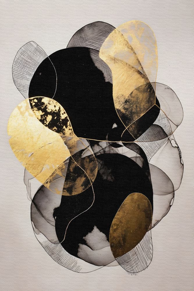 Golden Black Abstract Shapes by Miguel Bruzual — canvas wall art