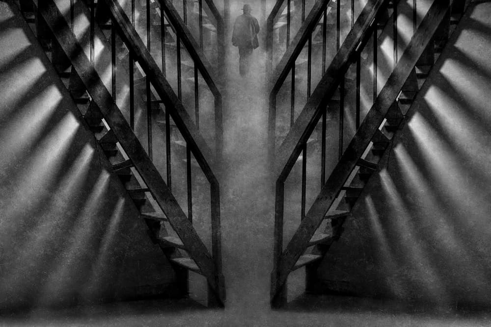 Mysterious Figure Dark Stairs by Ekkachai Khemkum — canvas wall art
