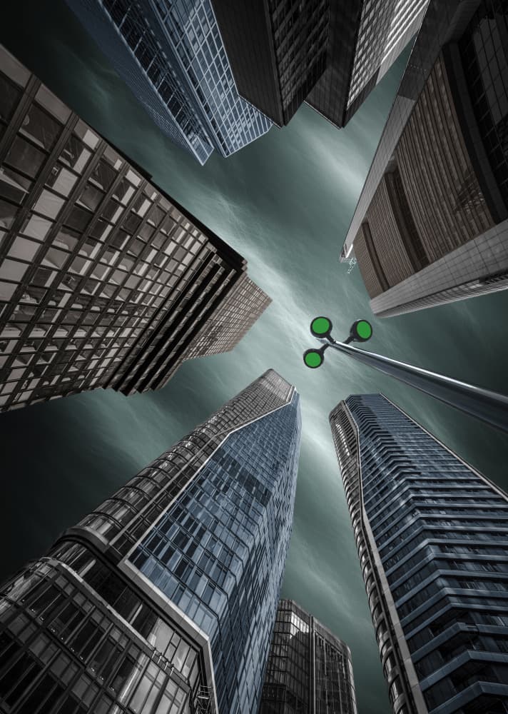 Green Sky Skyscrapers by Roland M Schwerdtfeger — canvas wall art